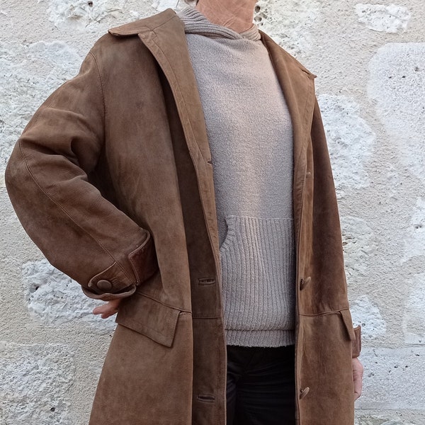 Manteau vintage trois quarts en daim brun clairpour femme 1970 taille 40