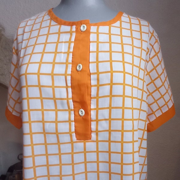 Chemise de nuit vintage coton blanc et orange déshabillé  1970