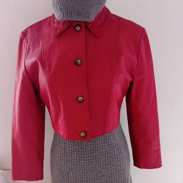 Blouson court vintage en cuir rouge pour femme  Thore Canyon Taille 2  petite veste