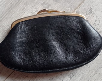 Vintage black leather clip purse Purse, French wallet leather