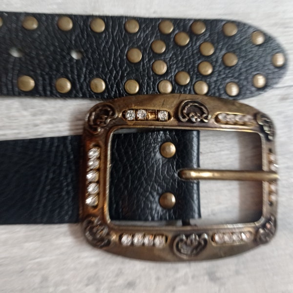 Vintage belt women's black leather belt studded decorated square brass buckle