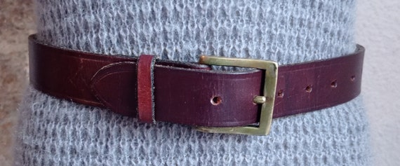 Vintage Belt Thick Brown Leather Belt Unisex Brass Buckle 