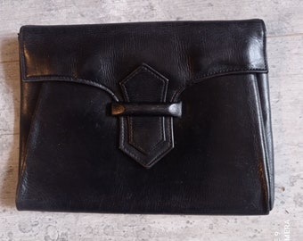 Embrague de cuero negro vintage, bolso de mano de noche de 1960