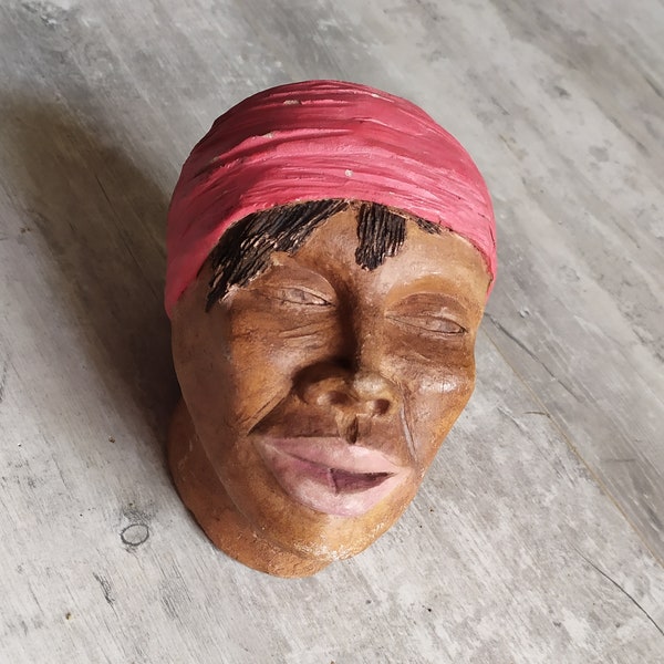 Sculpture Buste céramique cirée femme noire pièce unique signée Beautiful black woman bust waxed clay single piece handmade signed