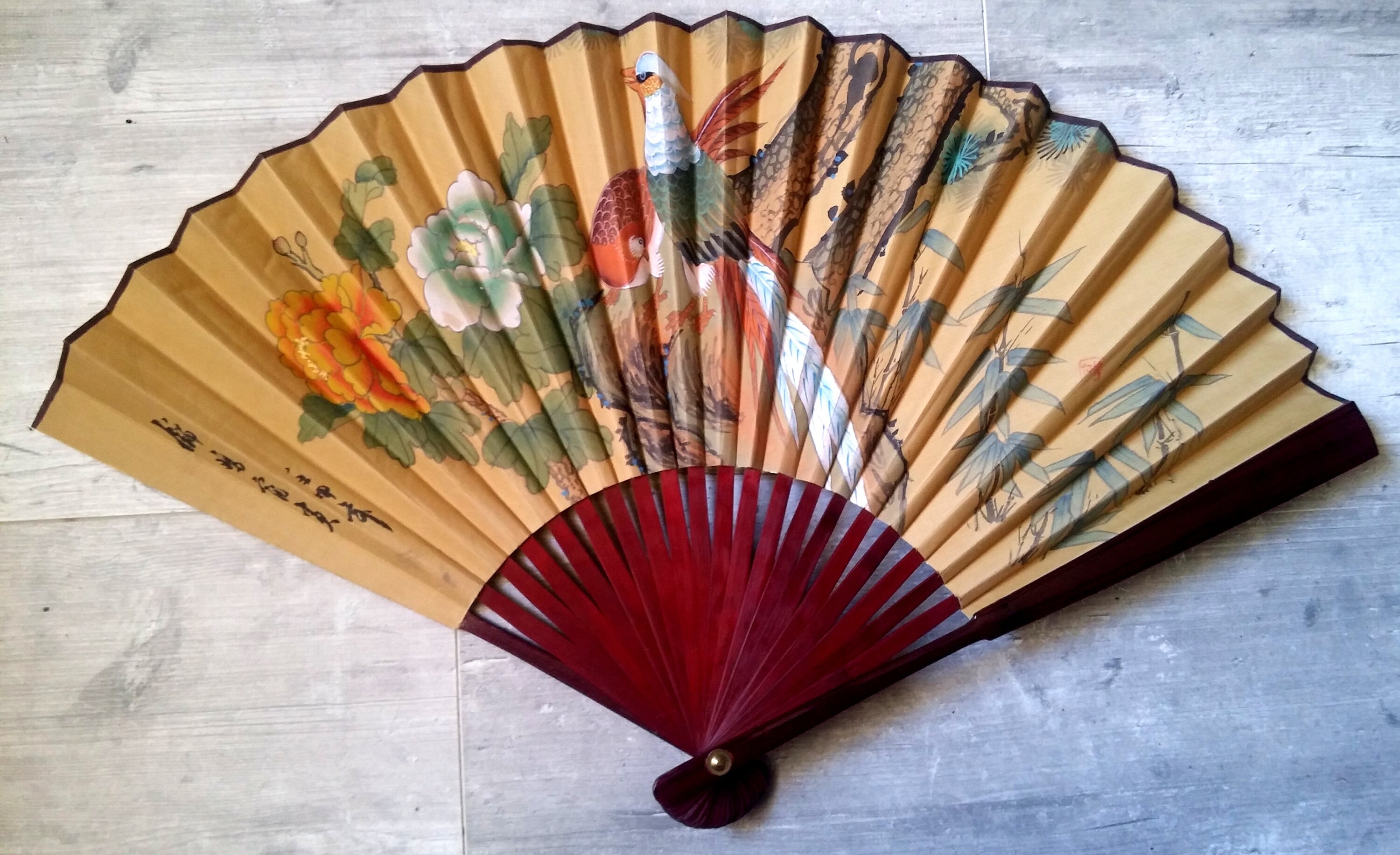 Grand Éventail Japonais Signé Décor Oiseaux Fleurs Vintage Big Japanese Fan Signed Birds Flowers Sil