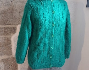 Gilet vintage tricoté  fait main en laine vert sapin T 38-40