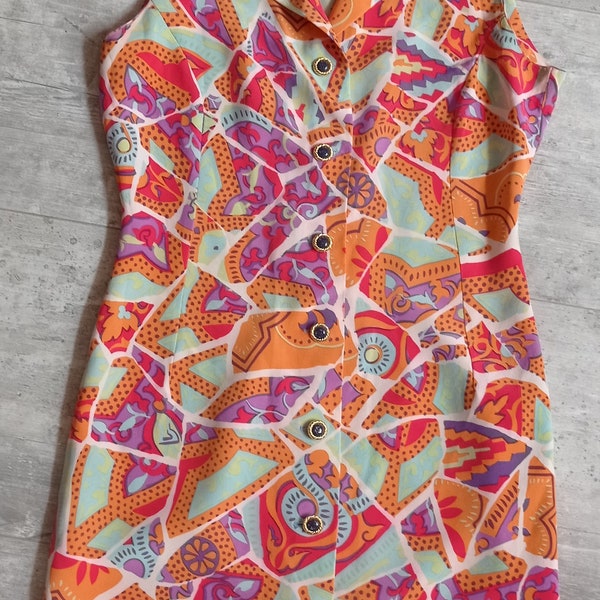 Robe vintage sans manches année 80 orange mauve bleue  Fait main