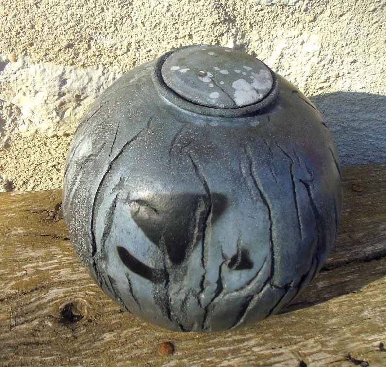 Urne Ronde Céramique Terre Enfumée Bleu Gris Boite Ceramic Urn Smoked Clay Box Vase Ikebana