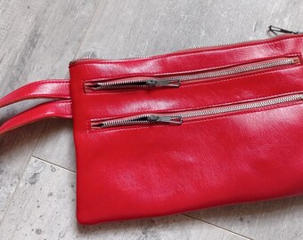 Vintage pencil case, vintage red pouch in imitation leather, red skai school pencil case.