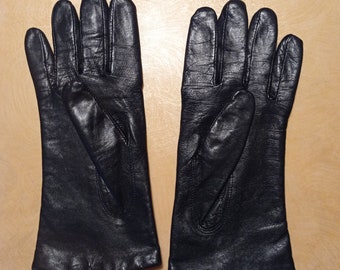Vintage wool-lined black lambskin gloves for women T8