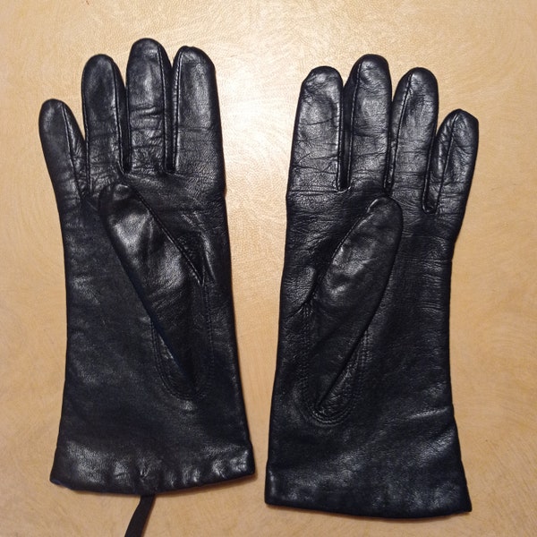 Gants vintage en cuir d'agneau noir doublé laine pour femme T8