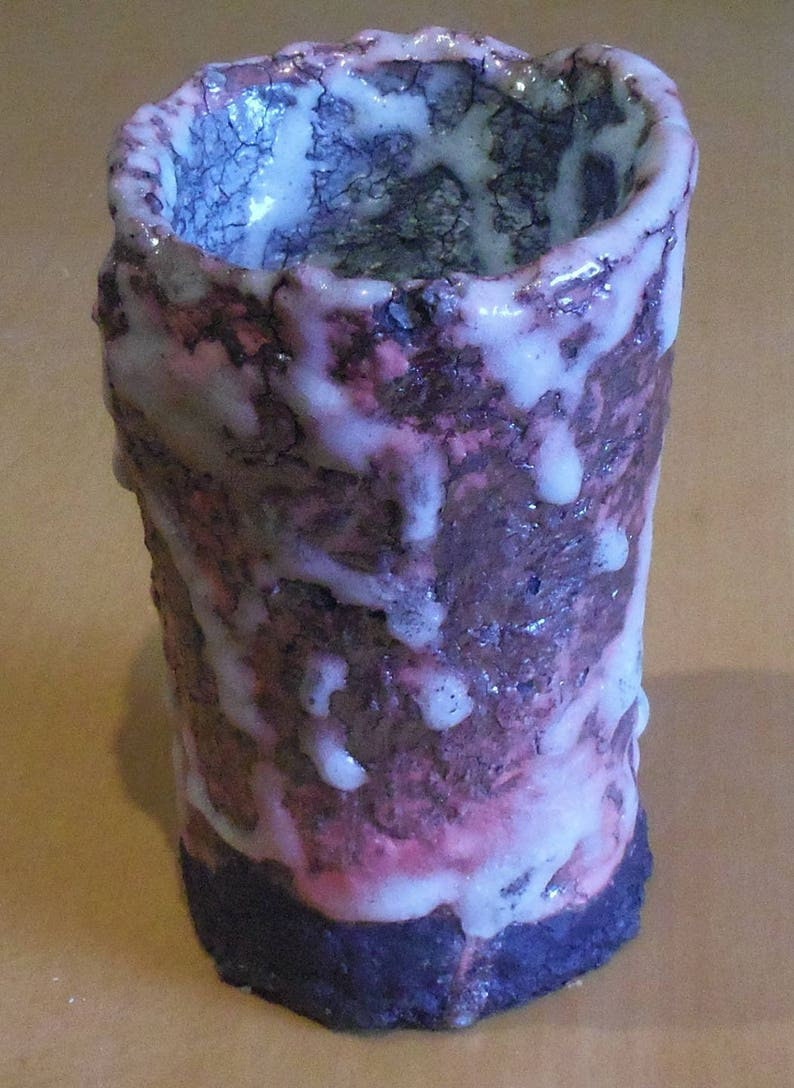 Vase en Céramique Raku , Rosé et Noir Brut avec Coulures Pot Vase Ceramic Signé