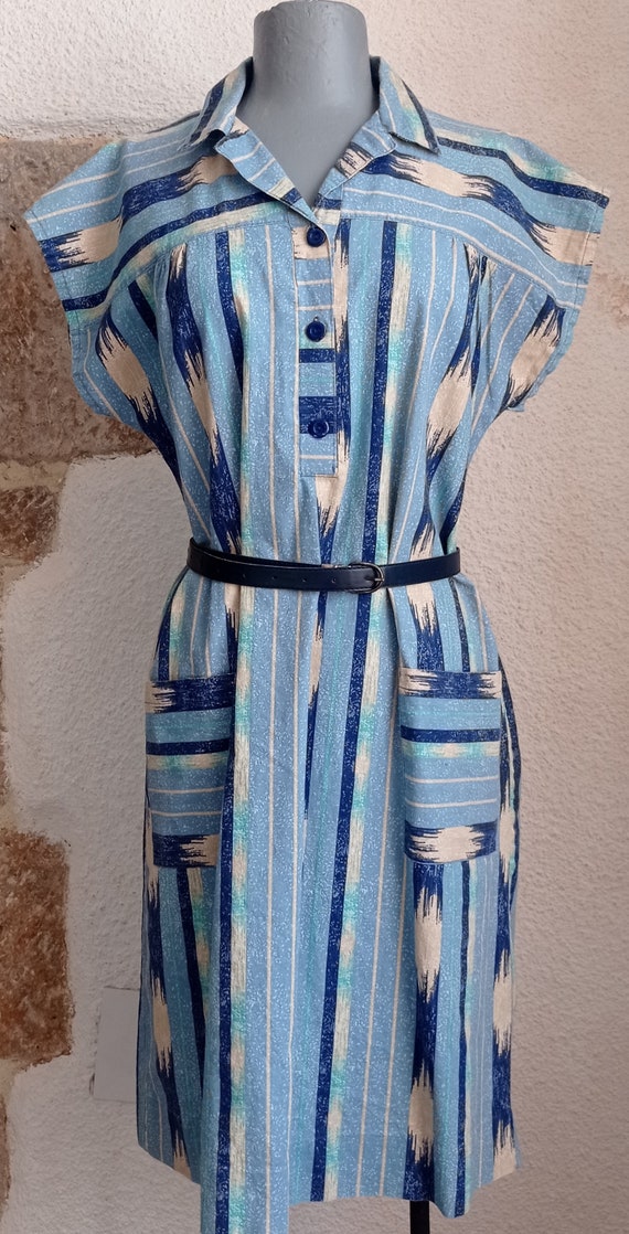 Robe tablier vintage coton bleu blanc T 42