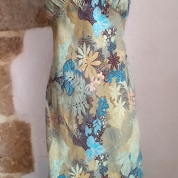 Robe vintage année 80  vert bleu en lin  T 42