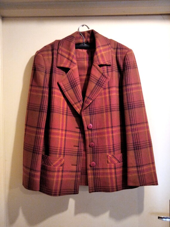 Ensemble Jupe + Veste Années 70 - Laine Tartan Orange - Taille 40 - Occasion Très Bon état