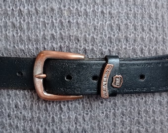 Ceinturon vintage ceinture Rica Lewis cuir épais noir homme ou femme black leather belt 105 cm