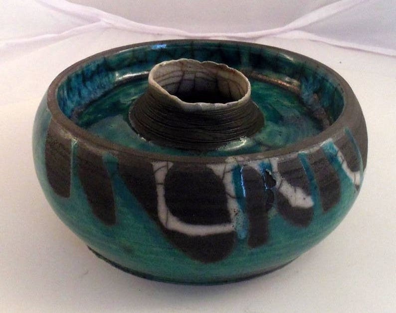 Vase Céramique Raku , Vert Noir Pièce Unique Forme Originale Ceramic Green Vase