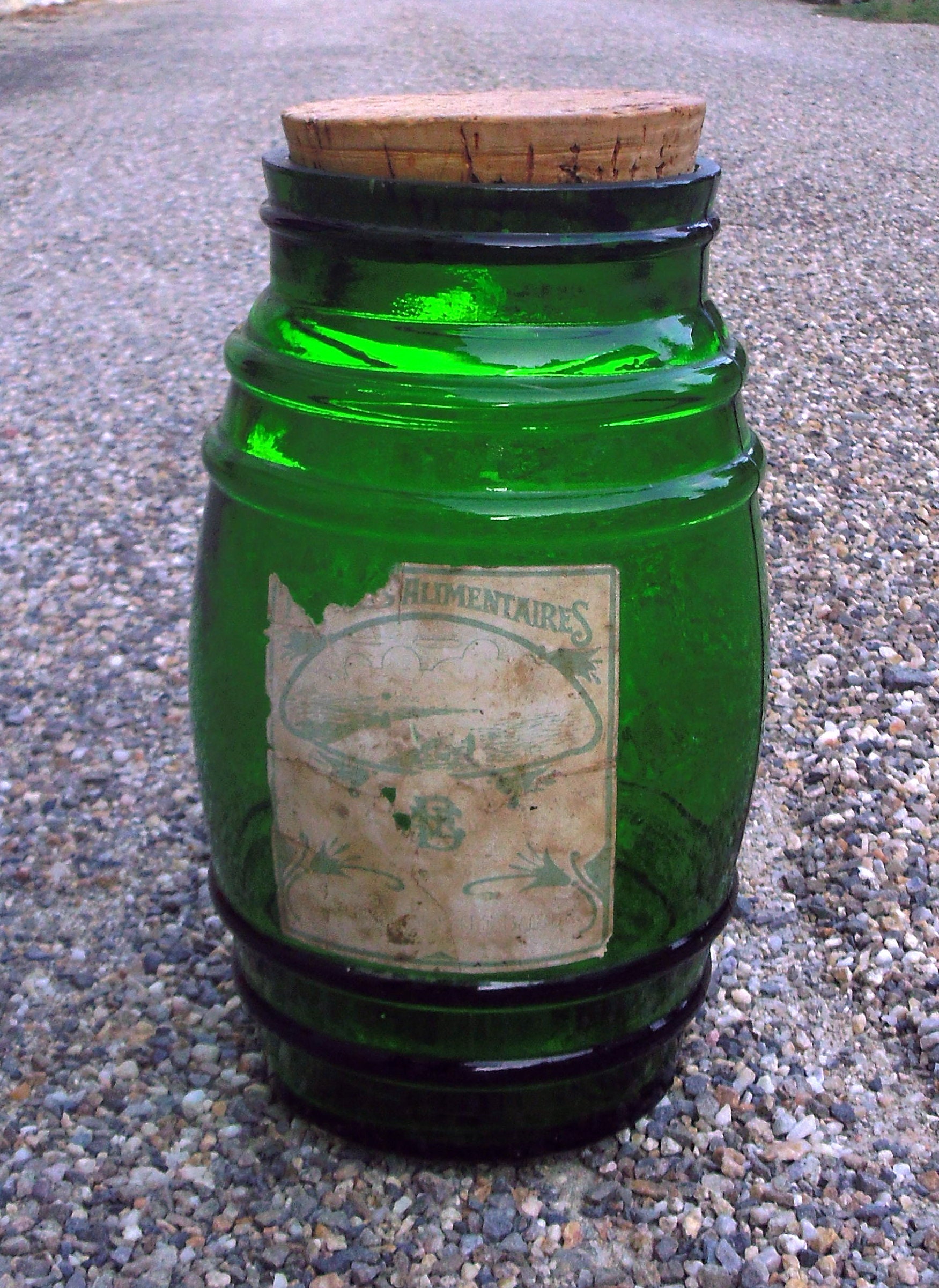 Ancien Bocal en Verre Vert Tonnelet Bouchon Liége Vintage Green Glass Jar Keg With It's Cork