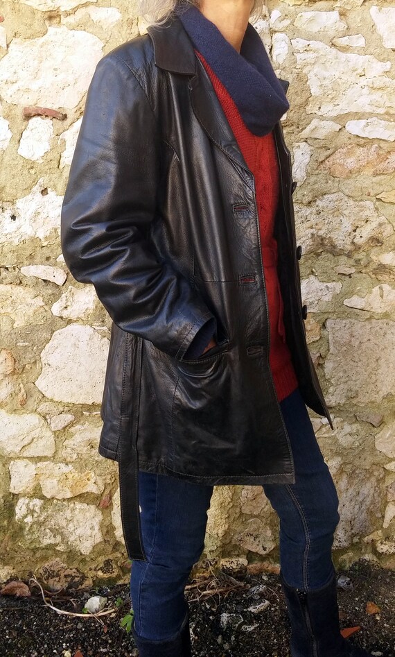 Vintage black leather jacket with 1960 belt, Black