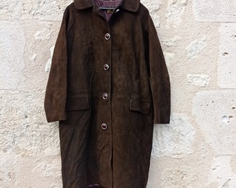 Manteau vintage en daim marron foncé pour femme 1970  Taille 42-44