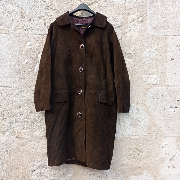 Manteau vintage en daim marron foncé pour femme 1970  Taille 42-44