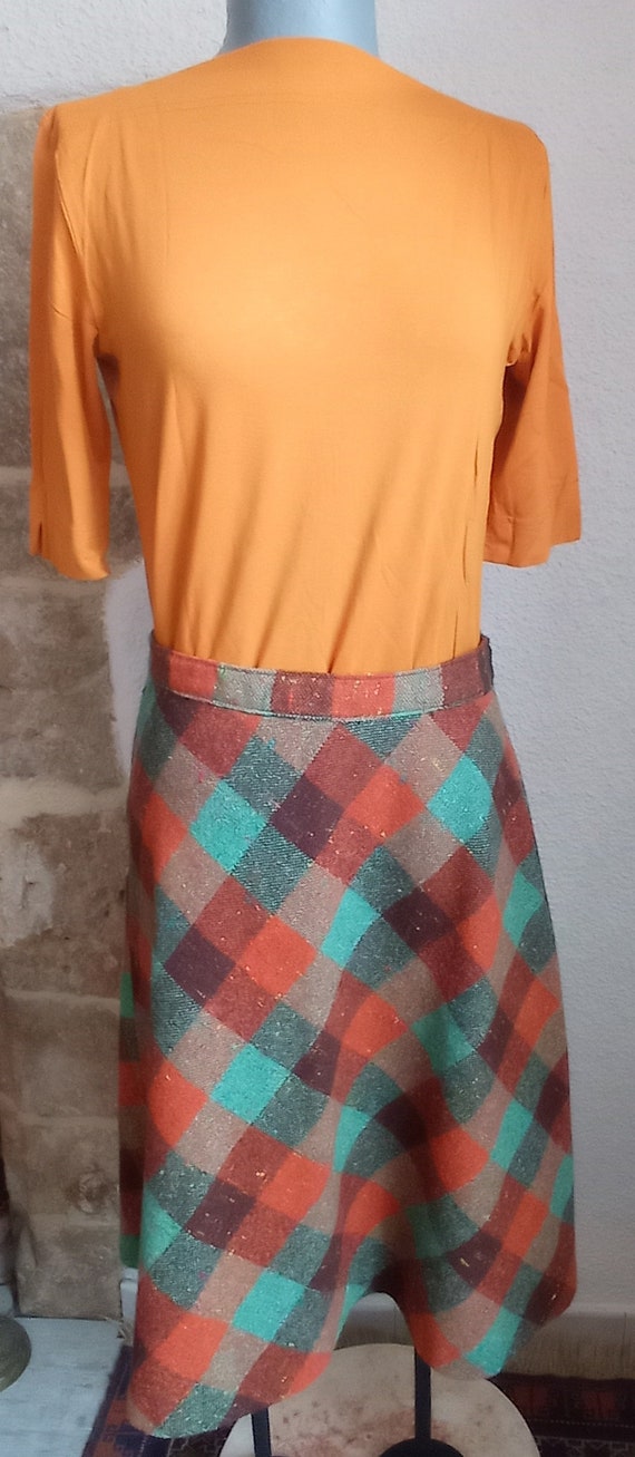 Jupe evasee vintage annee 70 laine tartan vert orange marron taille 36 Fait main Etsy France
