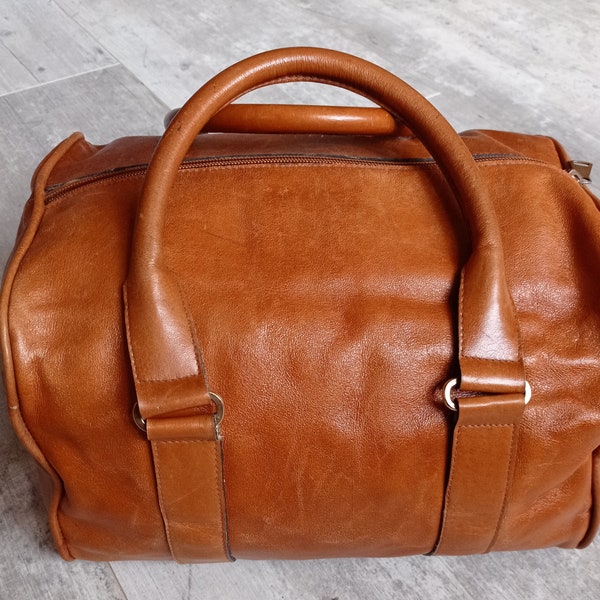 Vintage naturbraune Lederhandtasche, Vintage kleine Reisehandtasche.