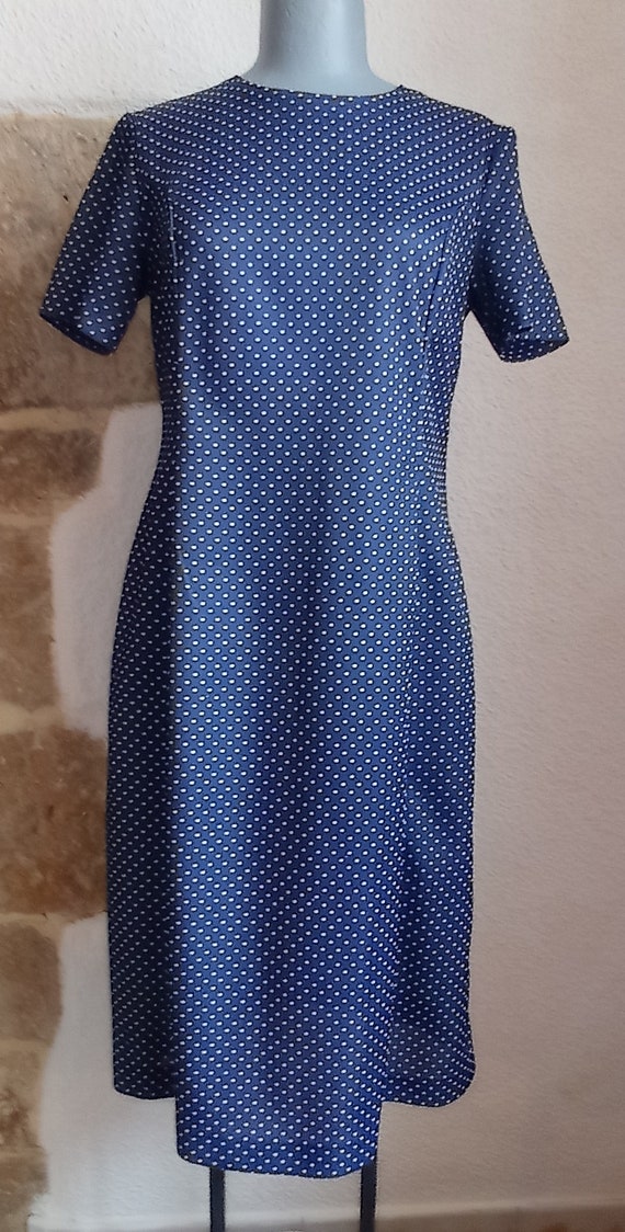 Robe vintage année 80 bleue marine et pois blancs 