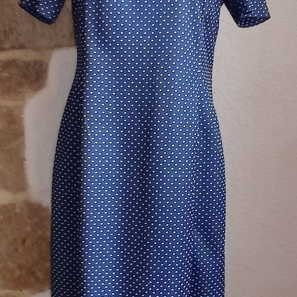 Robe vintage année 80 bleue marine et pois blancs T 42