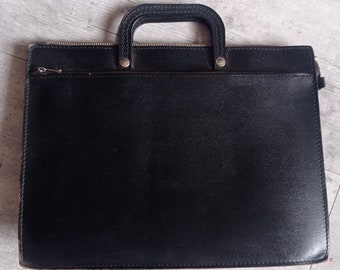 Vintage-Aktentasche aus schwarzem Vintage-Leder, Dokumentenhalter, Jahr 90, TEXIER-Tasche, Leder-Schultasche