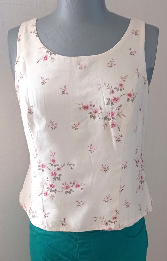 Beige floral linen and polyester top tank top