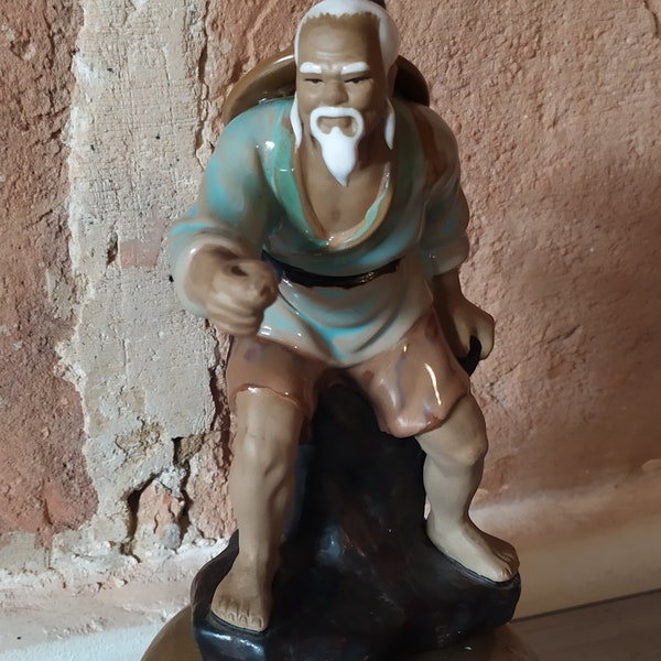 Statuette vintage pêcheur asiatique céramique émaillée Asian 455chinese  fisherman statue ceramic figurine signée Nanjiang Chine