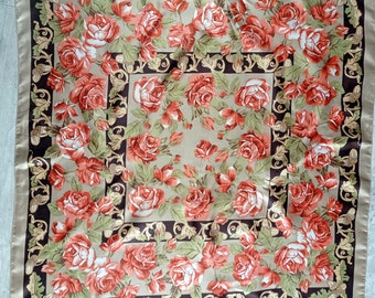 Large vintage beige, pink and green scarf with rose pattern