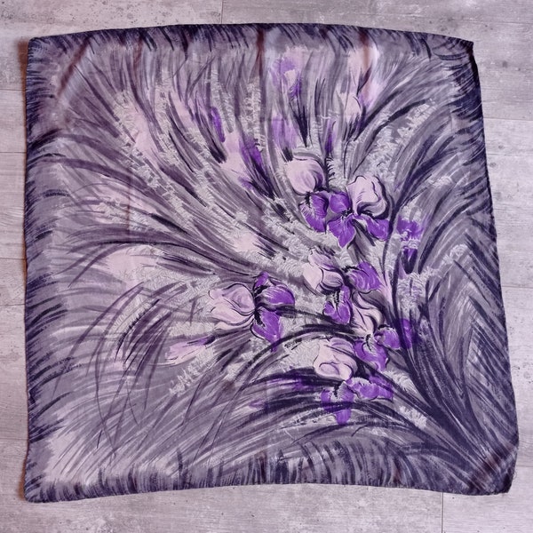 Vintage silk scarf hemmed gray purple white floral 1960s