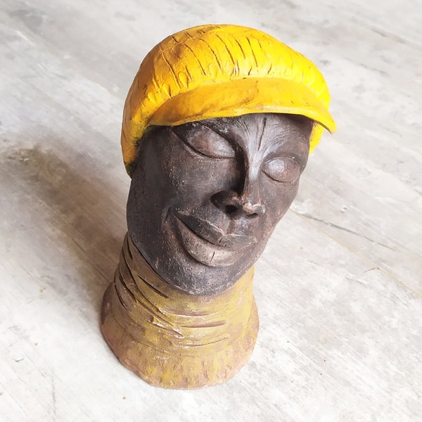 Sculpture Buste céramique cirée homme noir pièce unique signée Beautiful black man bust waxed clay single piece handmade signed