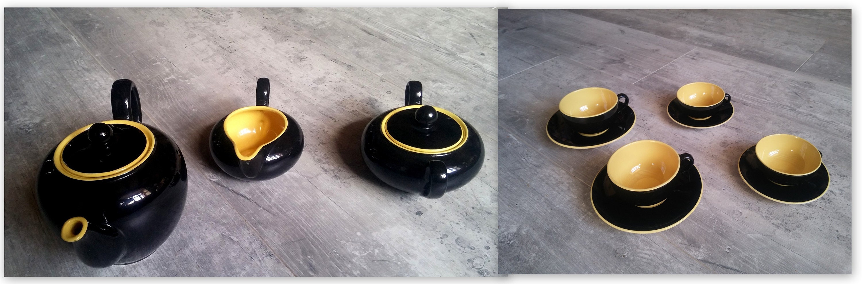Villeroy Bosch Biarritz Fifties Tea Set Ceramic Vintage Yellow Black Service à Thé Années 50 Jaune e