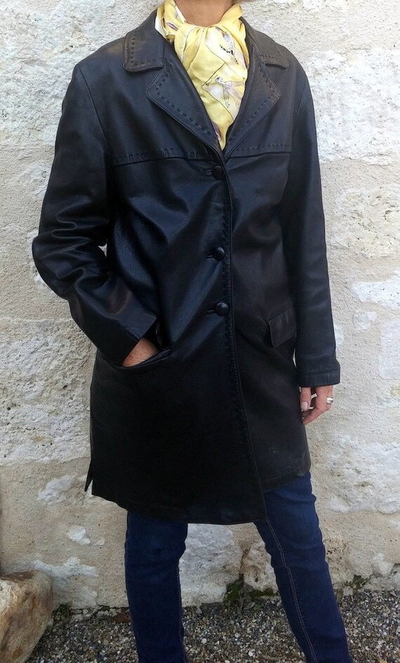 Vintage three-quarter coat leather black jacket w… - image 2