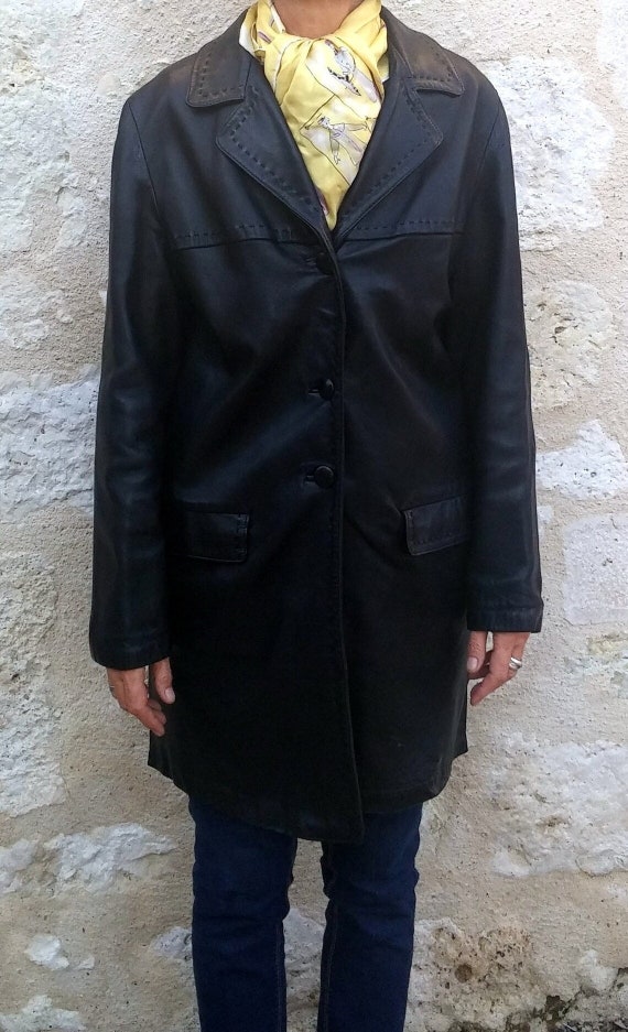 Vintage three-quarter coat leather black jacket w… - image 1
