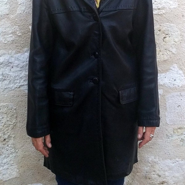 Vintage three-quarter coat leather black jacket woman Manteau trois quart cuir noir femme année 60 sixties