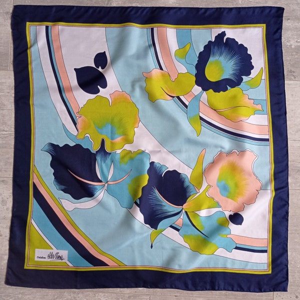 Foulard vintage polyamide bleu vert fleuri "Elle Aime"