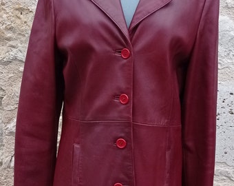 Giacca in pelle bordeaux vintage aderente del 1970, giacca in pelle bordeaux Alan Gérard