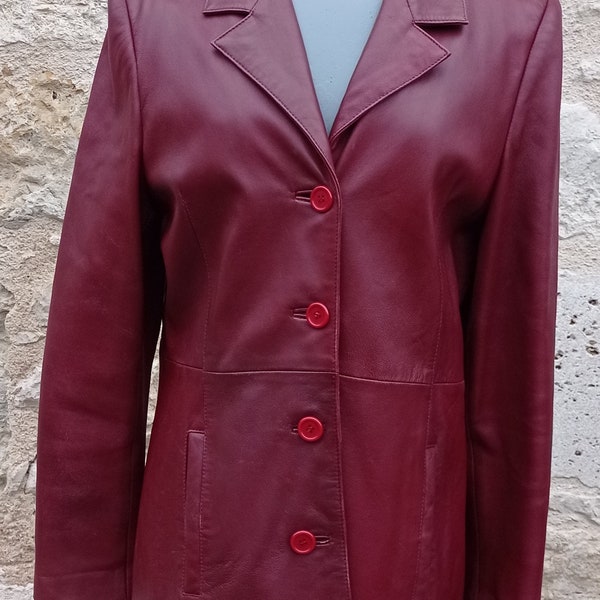 Veste vintage cuir bordeaux cintrée  1970 ,Burgundy leather jacket Alan Gérard