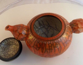 Thèiére en céramique raku ,terre sigillée orange Teapot ceramic raku original