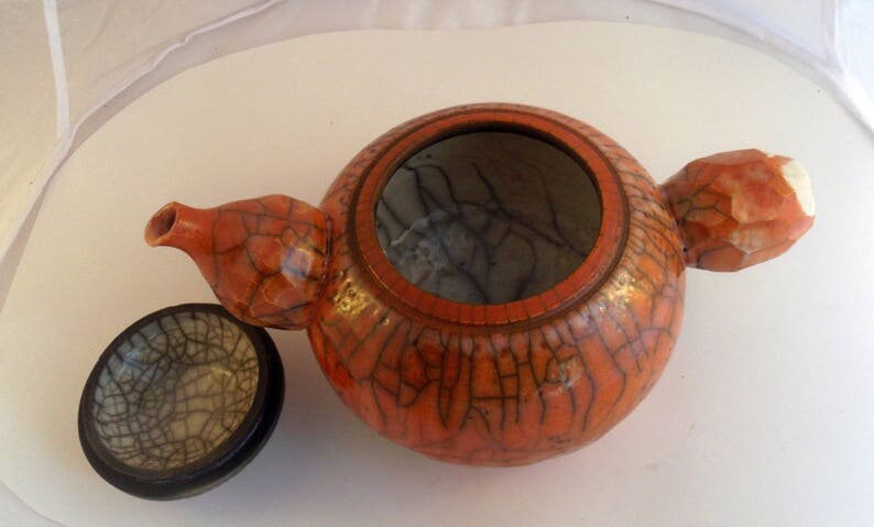 Thèiére en Céramique Raku , Terre Sigillée Orange Teapot Ceramic Original