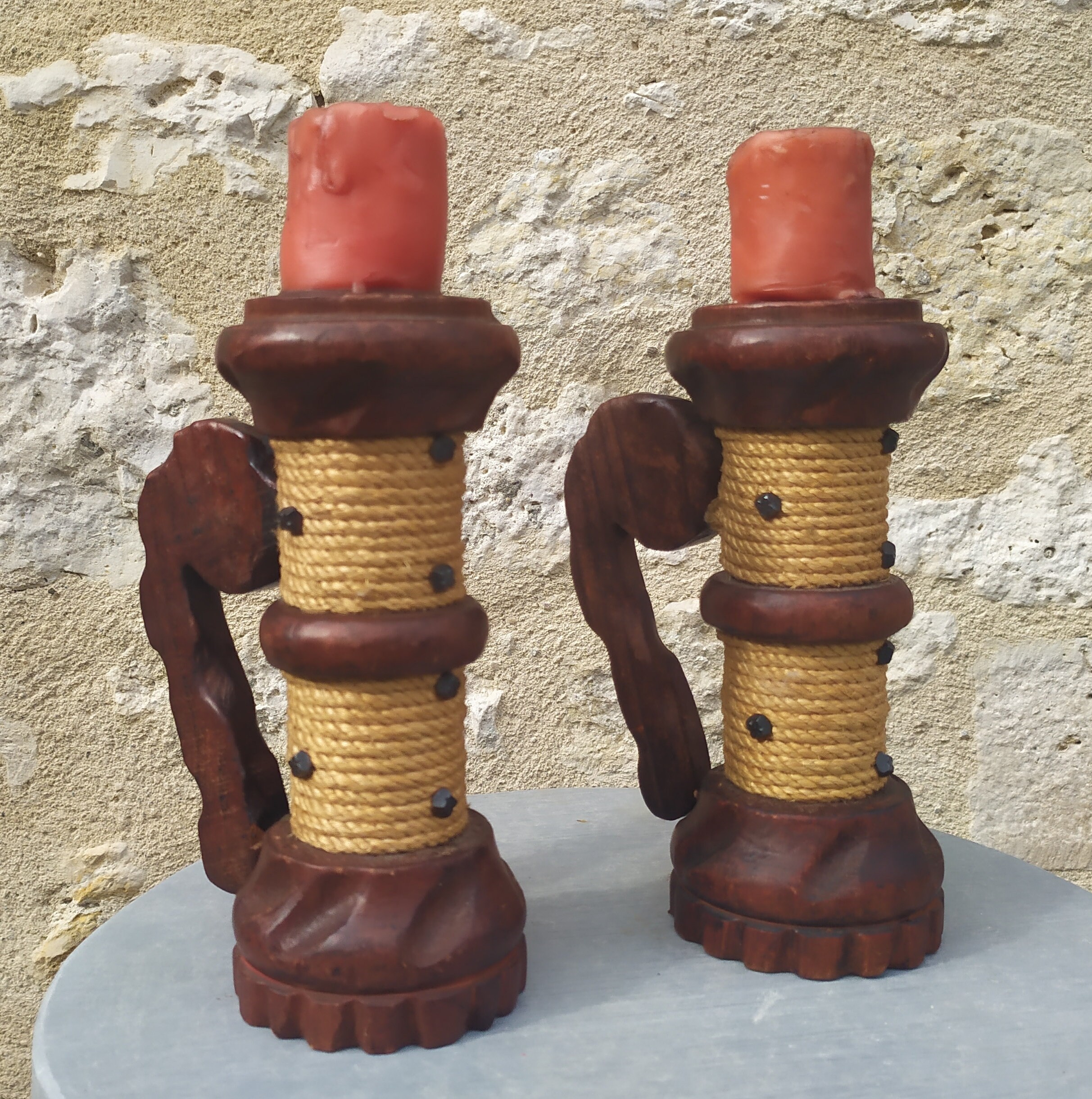 Paire de Bougeoirs Seventies Bois et Corde Retro Chic Chandelier Vintage Années 7021