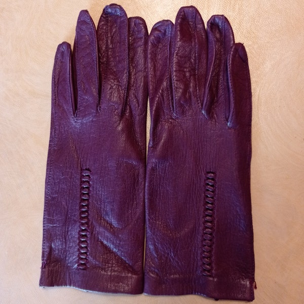 Gants vintage en cuir bordeaux grenat violet  pour femme TS