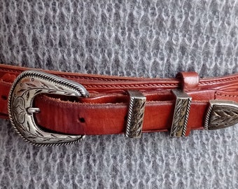 Vintage light brown leather belt printed vintage rock belt 1980