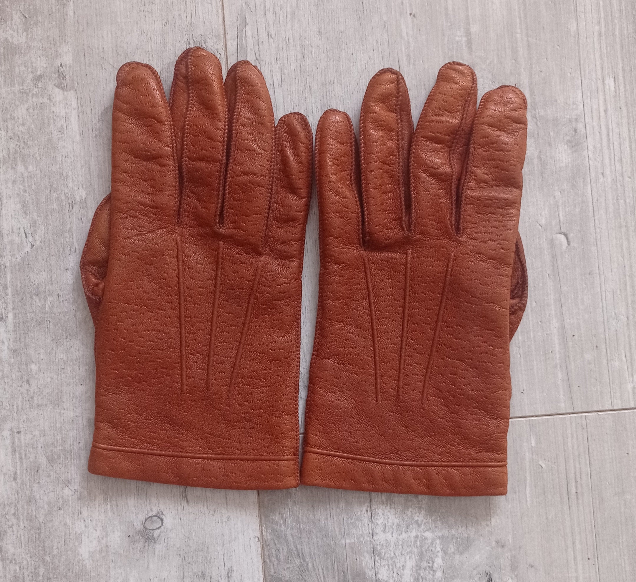 Braune Vintage-Handschuhe aus Pekari-Leder mit Wollfutter für Herren T 8,5