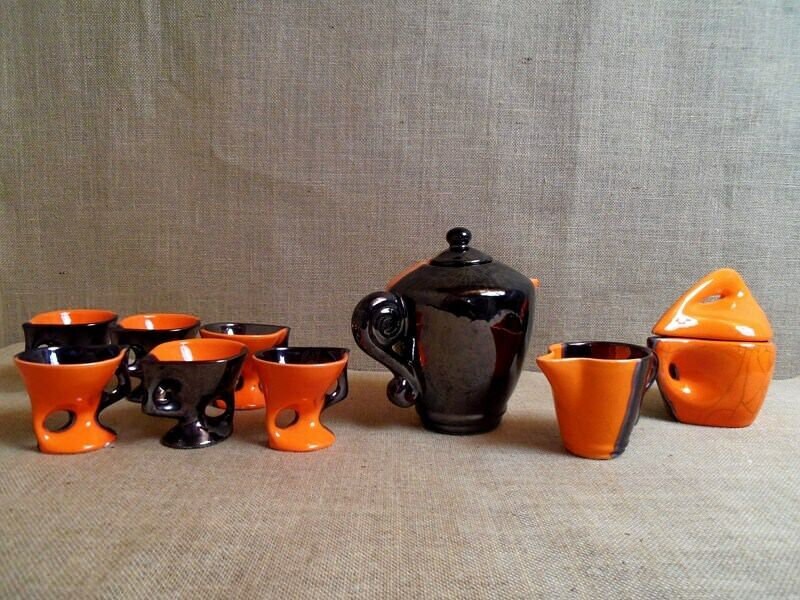 Rare Service Café Le Vaucour Vallauris French Abstract Sixties Coffee Set Ceramic Signed