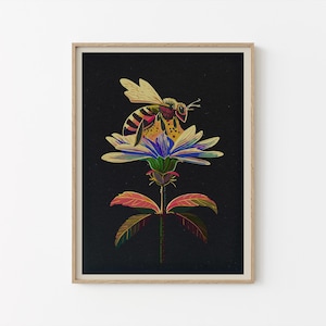 Retro Bee Floral Poster Print Home Decor Wall Art Cottagecore Dark Academia Style Botanical Digital Download